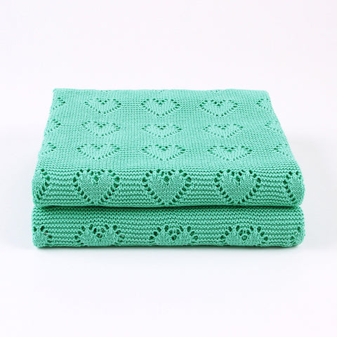 Green Hearts 100% Cotton Cellular Blanket Ideal for Prams, cots 100cm x 80cm