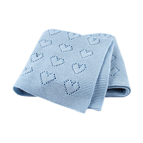 Sky Blue Hearts 100% Cotton Cellular Blanket Ideal for Prams, cots 100cm x 80cm
