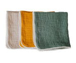 Pompom 100% Organic Cotton Baby Muslins Set of 3-40cm x 40cm Squares (Mustard, Sand Blue Green )