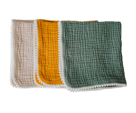 Pompom 100% Organic Cotton Baby Muslins Set of 3-40cm x 40cm Squares (Mustard, Sand Blue Green )