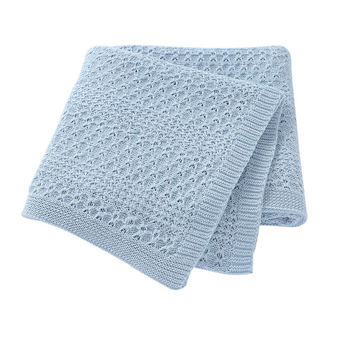 Sky Blue Knitted 100% Cotton Cellular Blanket Ideal for Prams, cots 100cm x 80cm