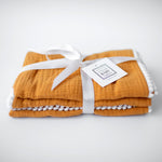 Pompom 100% Organic Cotton Baby Muslins Set of 3-40cm x 40cm Squares (Mustard Yellow)