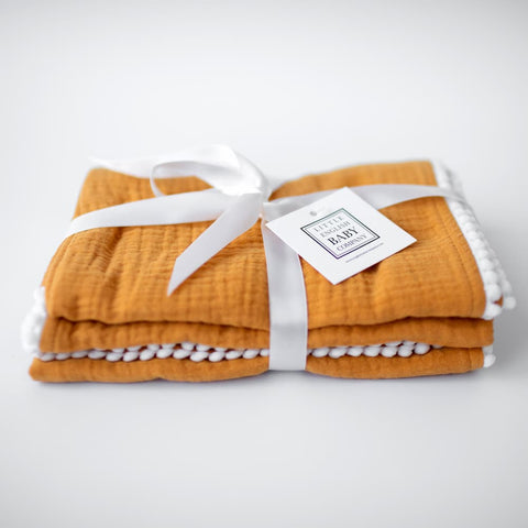 Pompom 100% Organic Cotton Baby Muslins Set of 3-40cm x 40cm Squares (Mustard Yellow)