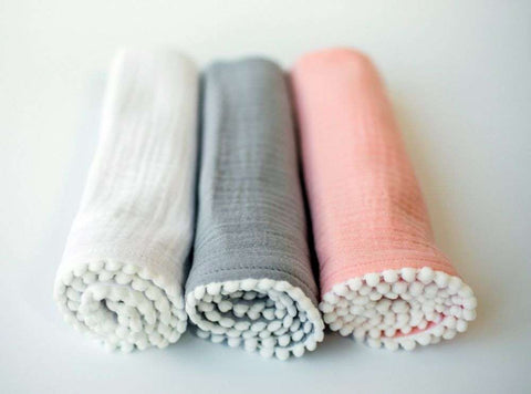 Pompom 100% Organic Cotton Baby Muslins Set of 3-40cm x 40cm Squares (White, Pink, Gray)